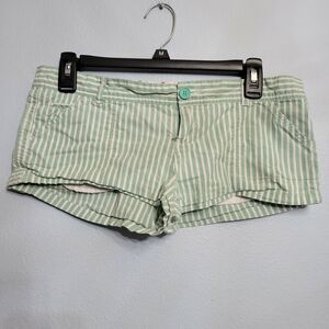 Junior 7 Shorty Shorts Hot Pants Green White Striped Seersucker Style Low Rise